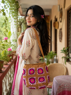 Handmade Crochet Flower Granny Square Shoulder Bag